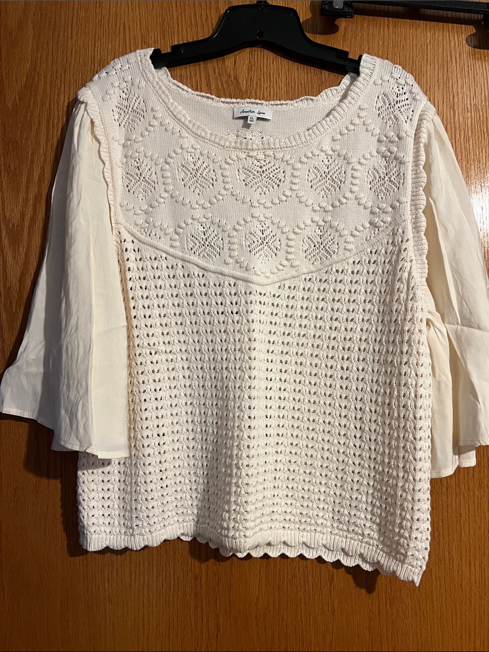 Another Love Ivory Crochet Knit Top with Chiffon Sleeves